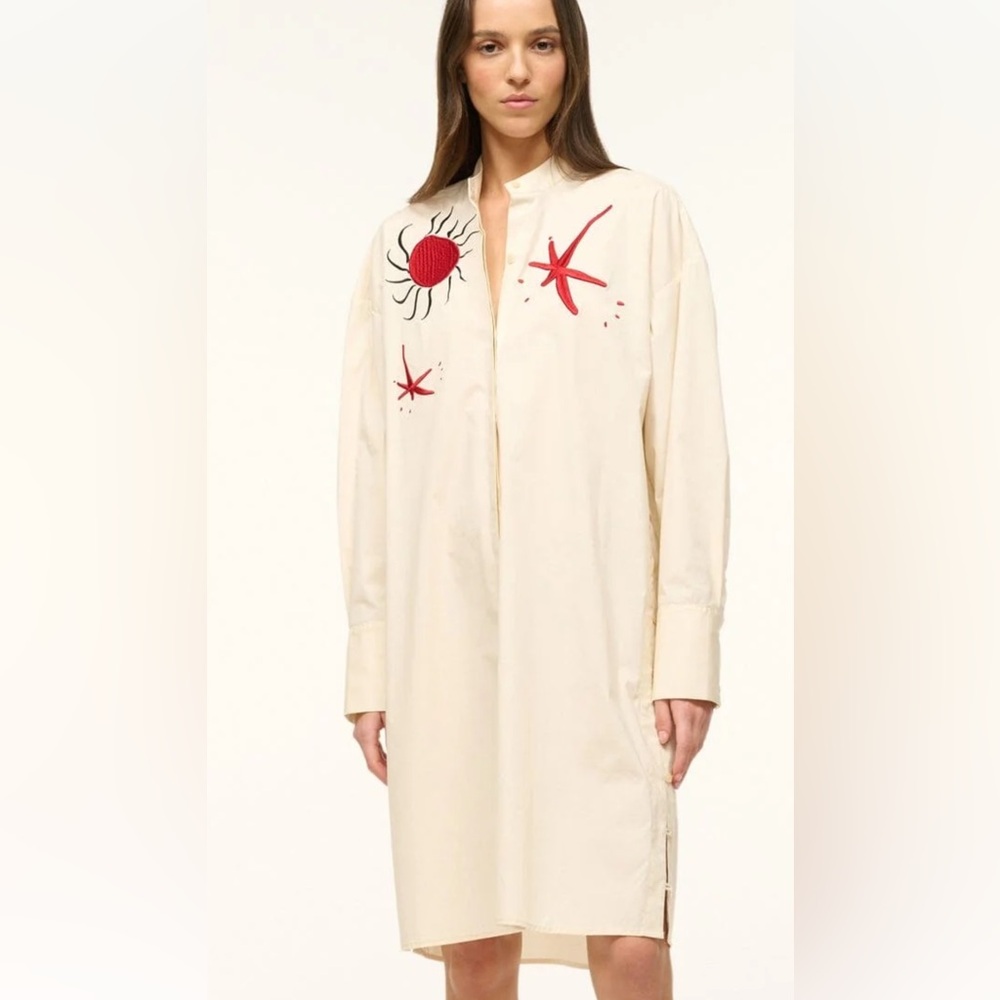 STAUD Cream Shirt Dress with Red Embroidery NWT